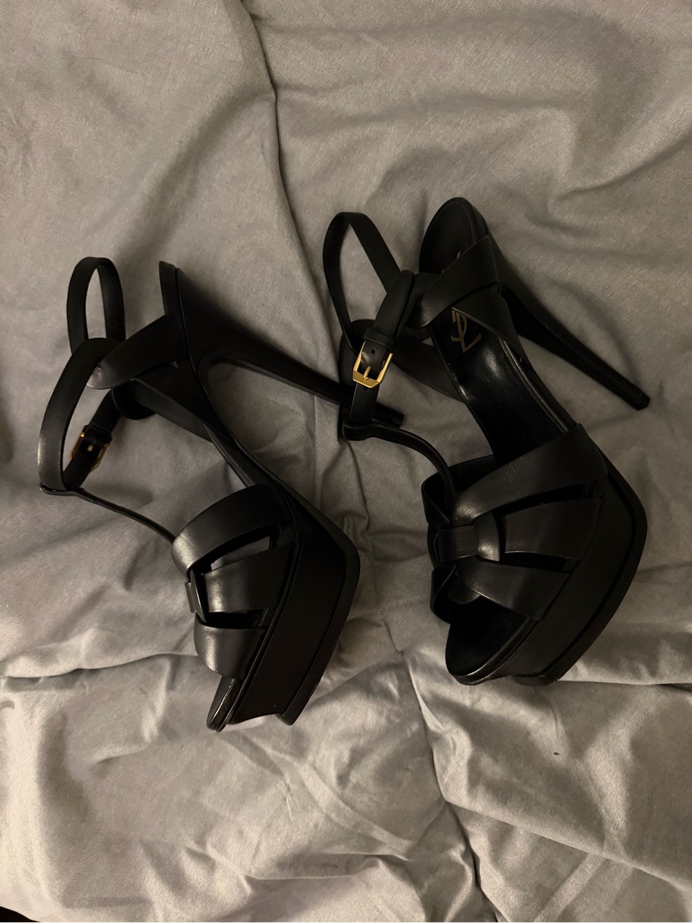 SAINT LAURENT Tribute Knotted Slingback Heels - Black Leather Gold YSL - 7.5/8 - Picture 2 of 5